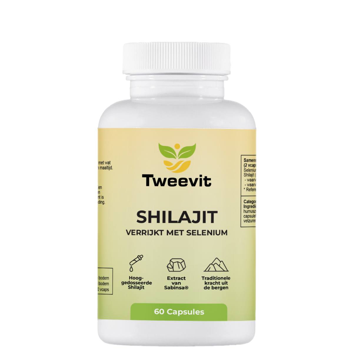 Tweevit Shilajit pot met 60 capsules – verrijkt met selenium, hooggedoseerd Sabinsa®-extract, traditioneel mineraalcomplex uit de bergen